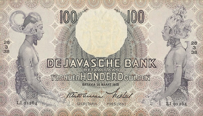 Netherlands Indies banknotes, Uang Kuno Belanda, 100 Gulden, 1938, Pick P-82, UNC