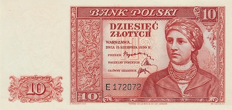 Poland banknotes, Bank Polski, 10 Zlotych, 1939, Pick P-82, UNC