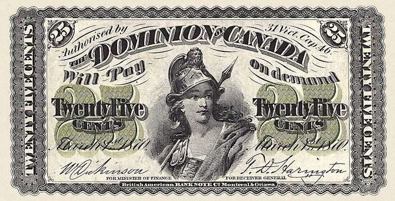 Dominion of Canada banknote, Shinplaster Issue, 25 Cents, 1870, Pick P-8, UNC