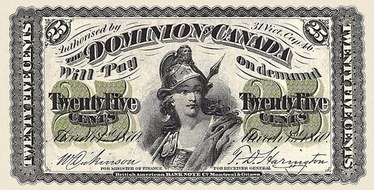 Dominion of Canada banknote, Shinplaster Issue, 25 Cents, 1870, Pick P-8, UNC