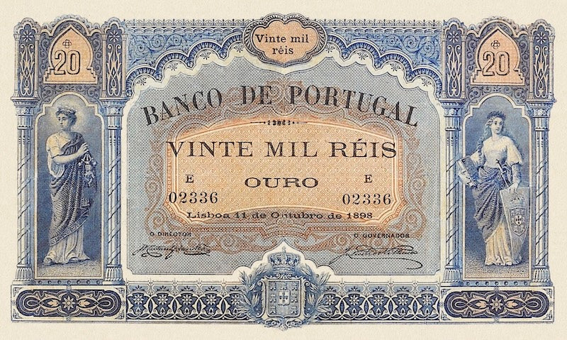 Banco de Portugal banknotes, 20 Mil Reis, 1898, Pick P-82, UNC