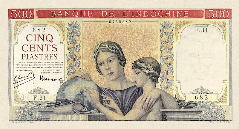 French Indo-China banknotes, Banque de l'Indochine, 500 Piastres, 1947, Pick P-83, UNC