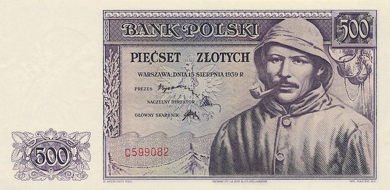 Poland banknotes, Bank Polski, 500 Zlotych, 1939, Pick P-86, UNC
