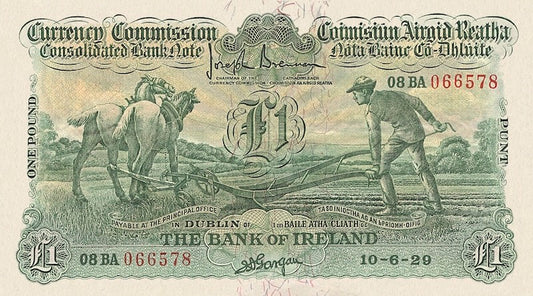 Ireland banknotes, Ploughman Issues, £1 Pound, 1929, Pick P-8, UNC