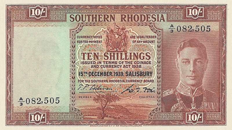 Southern Rhodesia banknotes, 10 shillings, 1939, Pick P-9, UNC