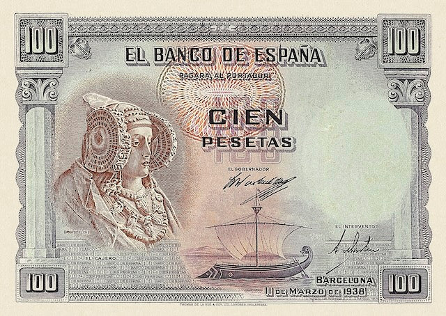 Spain banknotes, Barcelona Republican Issues, 100 Pesetas, 1938, Pick P-90, UNC