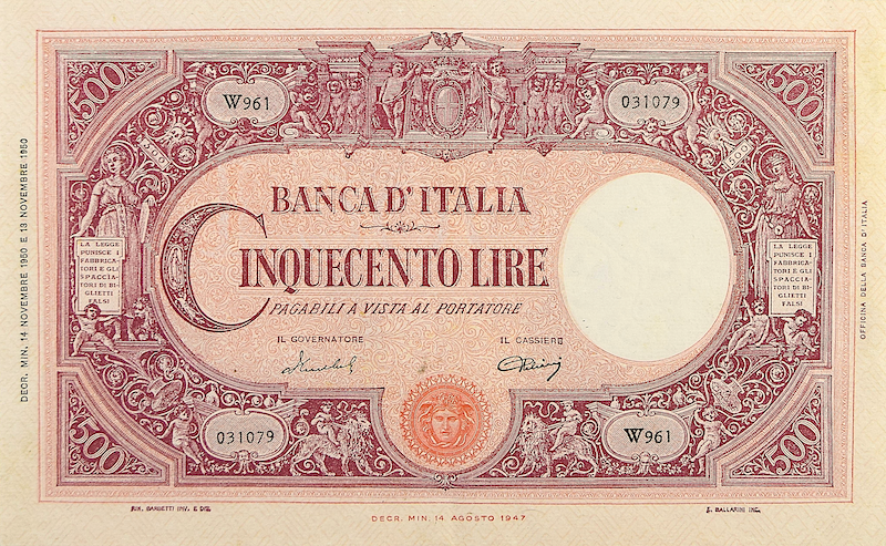 Italy banknote, Banca D'Italia Medusa Seal, 500 Lire, 1950, Pick P-90, UNC