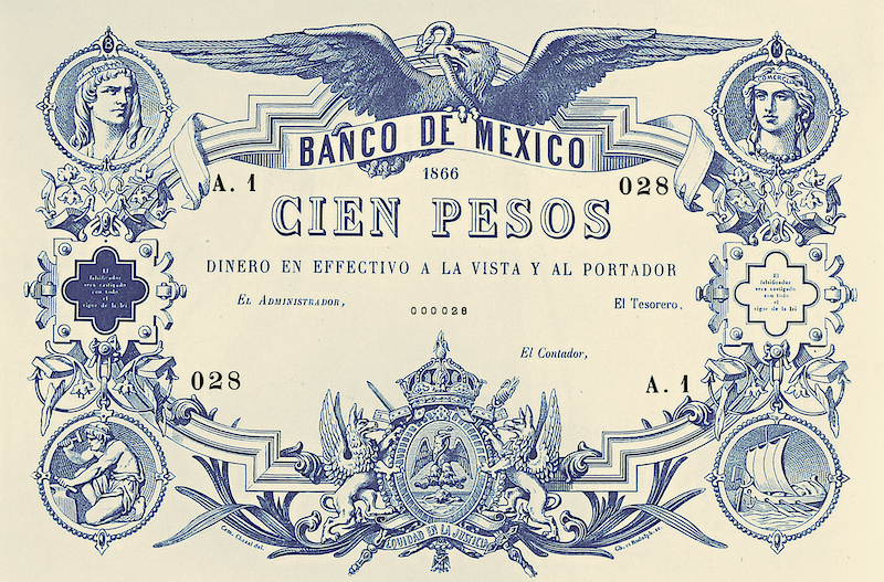 Mexico banknote, Empire of Maximilian, Banco de Mexico, 100 Pesos, Year 1866, Pick P-9, UNC