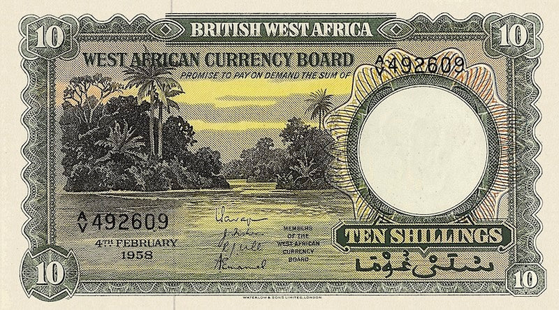 British West Africa banknotes, 10 Shillings, 1953, Pick P-9, UNC