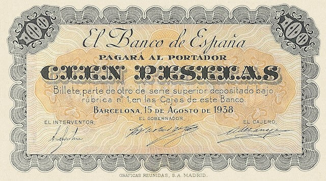 Spain banknotes, Barcelona Republican Issues, 100 Pesetas, 1938, Pick P-91, UNC