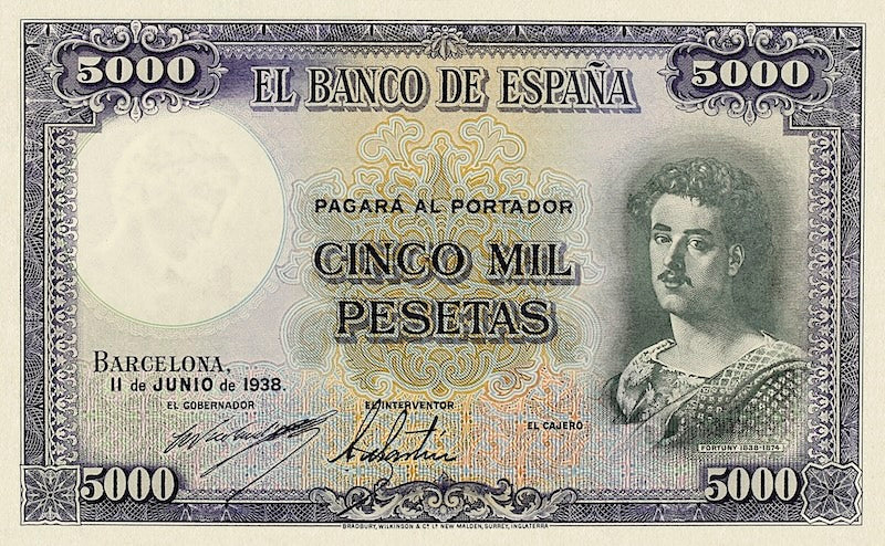 Spain banknotes, Barcelona Republican Issues, 5000 Pesetas, 1938, Pick P-92, UNC
