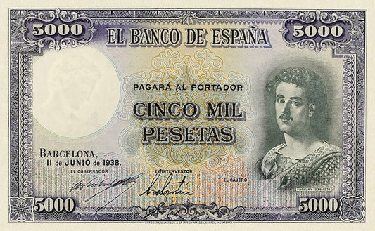 Spain banknotes, Barcelona Republican Issues, 5000 Pesetas, 1938, Pick P-92, UNC