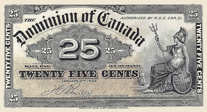 Dominion of Canada banknote, Shinplaster Issue, 25 Cents, 1900, Pick P-9, UNC