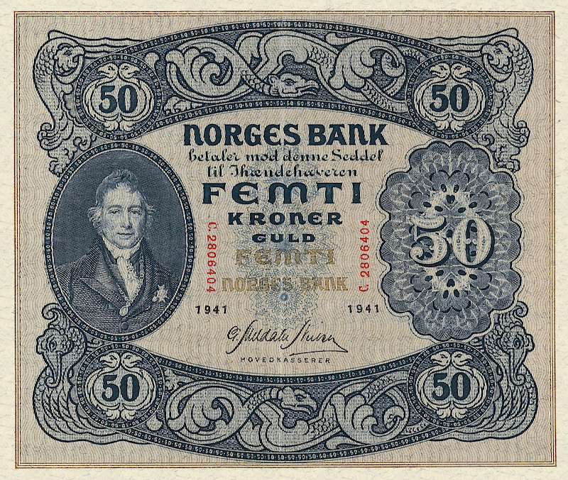 Norway banknotes, Norges Bank, 50 Kroner, 1941, Pick P-9, UNC