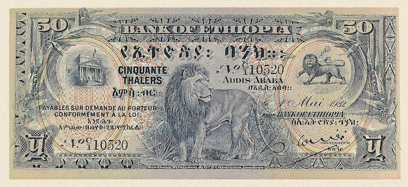 Ethiopia banknotes, Bank of Ethiopia, 50 Thalers, 1932, Pick P-9, UNC