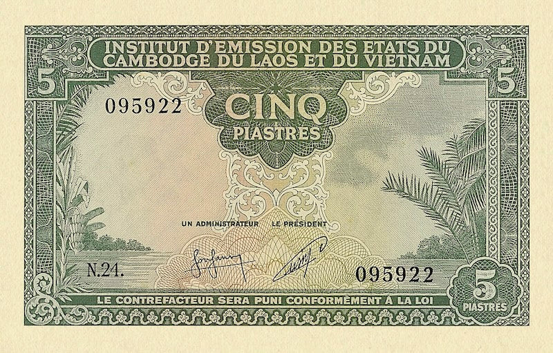 French Indo-China banknotes, Cambodia Issue, 5 Piastres, 1953, Pick 95, UNC
