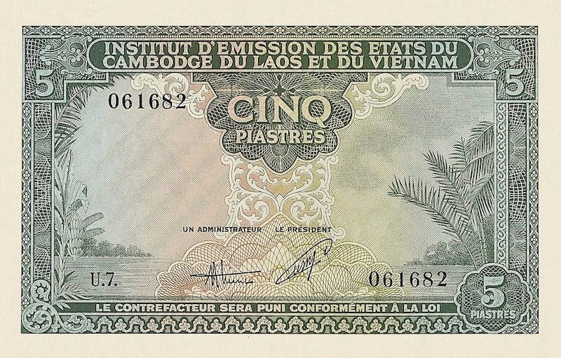 French Indochina banknotes, Vietnam, Viện Phát hành, 5 Piastres, 1953, Pick P-106, UNC