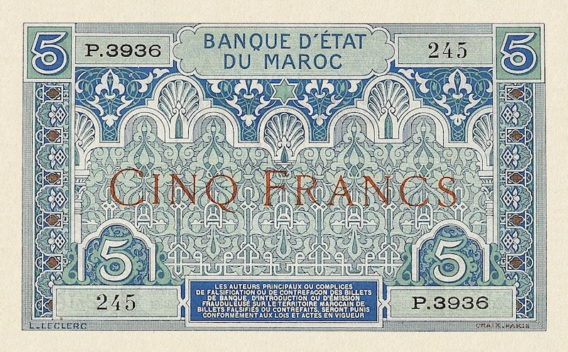 Morocco banknote, Banque d'Etat Du Maroc, 5 Francs, 1919, Pick P-9, UNC