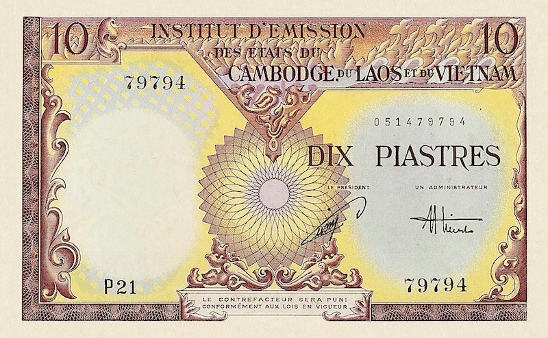 French Indochina banknotes, Vietnam, Viện Phát hành, 10 Piastres, 1953, Pick P-107, UNC