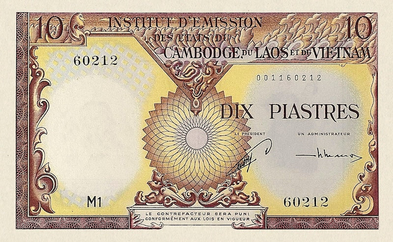 French Indo-China banknotes, Cambodia Issue, 10 Piastres, 1953, Pick 96, UNC
