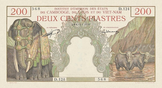 French Indo-China banknotes, Cambodia Issue, 200 Piastres, 1953, Pick 98, UNC