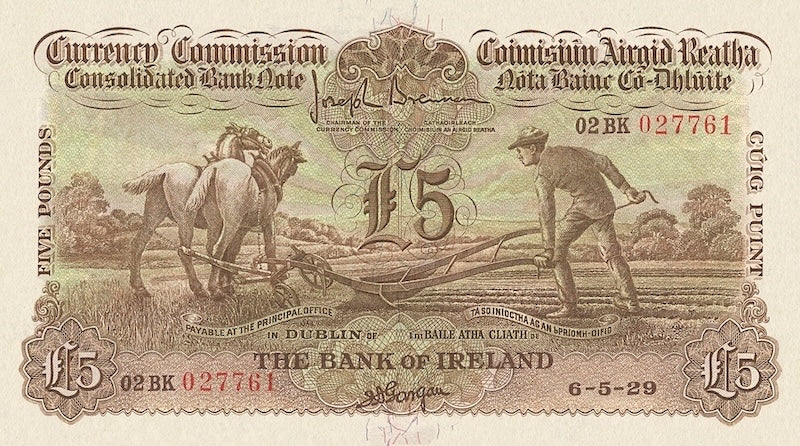 Ireland banknotes, Ploughman Issues, £5 Pounds, 1929, Pick P-9, UNC