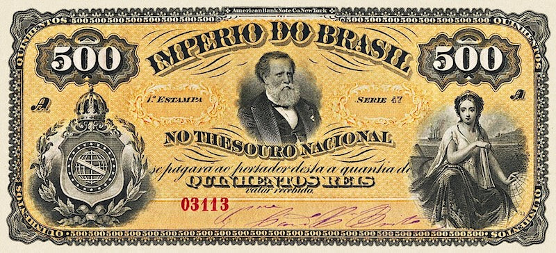 Brazil banknote, Imperio do Brasil, Dom Pedro II, 500 Reis, 1874 (Estampa 1), Pick P-A242, UNC
