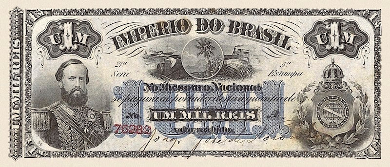 Brazil banknotes, Imperio do Brasil, Dom Pedro II, 1 Mil Reis, 1870 (Estampa 5), Pick P-A244, UNC