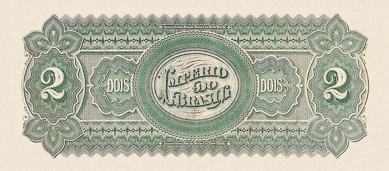 Brazil banknotes, Imperio do Brasil, Dom Pedro II, 2 Mil Reis, 1870 (Estampa 5), Pick P-A245, UNC