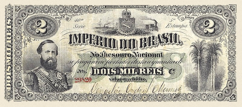 Brazil banknotes, Imperio do Brasil, Dom Pedro II, 2 Mil Reis, 1870 (Estampa 5), Pick P-A245, UNC