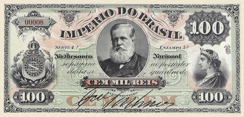 Brazil banknotes, Imperio do Brasil, Dom Pedro II, 100 Mil Reis, 1870 (Estampa 5), Pick P-A247, UNC