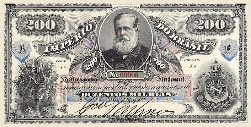 Brazil banknotes, Imperio do Brasil, Dom Pedro II, 200 Mil Reis, 1870 (Estampa 5), Pick P-A248, UNC