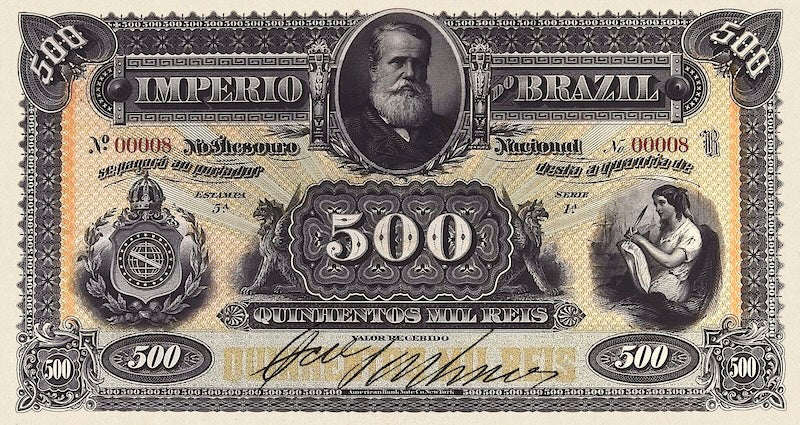 Brazil banknotes, Imperio do Brasil, Dom Pedro II, 500 Mil Reis, 1870 (Estampa 5), Pick P-A249, UNC