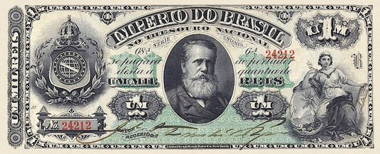 Brazil banknotes, Imperio do Brasil, Dom Pedro II, 1 Mil Reis, 1868 (Estampa 6), Pick P-A250, UNC