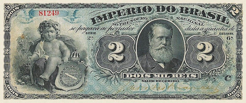 Brazil banknotes, Imperio do Brasil, Dom Pedro II, 2 Mil Reis, 1868 (Estampa 6), Pick P-A251, UNC