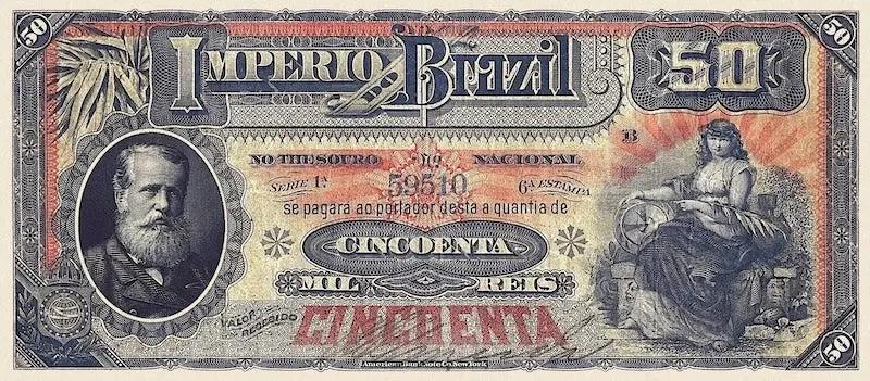 Brazil banknotes, Imperio do Brasil, Dom Pedro II, 50 Mil Reis, 1868 (Estampa 6), Pick P-A253, UNC