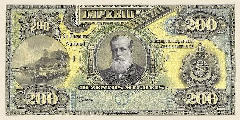 Brazil banknotes, Imperio do Brasil, Dom Pedro II, 200 Mil Reis, 1868 (Estampa 6), Pick P-A254, UNC