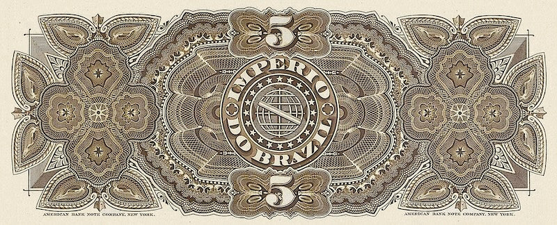 Brazil banknotes, Imperio do Brasil, Dom Pedro II, 5 Mil Reis, 1885 (Estampa 8), Pick P-A261, UNC