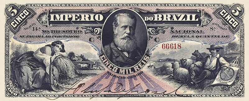 Brazil banknotes, Imperio do Brasil, Dom Pedro II, 5 Mil Reis, 1885 (Estampa 8), Pick P-A261, UNC