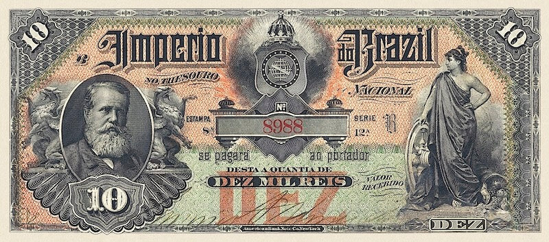 Brazil banknotes, Imperio do Brasil, Dom Pedro II, 10 Mil Reis, 1885 (Estampa 8), Pick P-A262, UNC