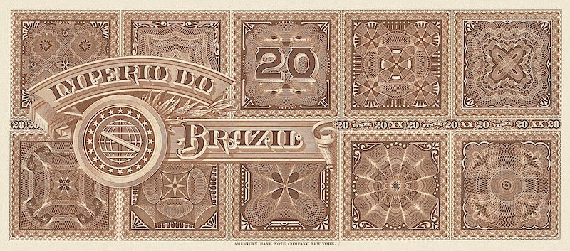 Brazil banknotes, Imperio do Brasil, Dom Pedro II, 20 Mil Reis, 1885 (Estampa 8), Pick P-A263, UNC