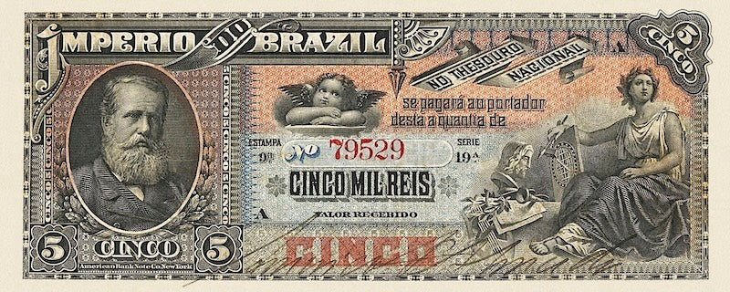 Brazil banknote, Imperio do Brasil, Dom Pedro II, 5 Mil Reis, 1888 (Estampa 9), Pick P-A264, UNC