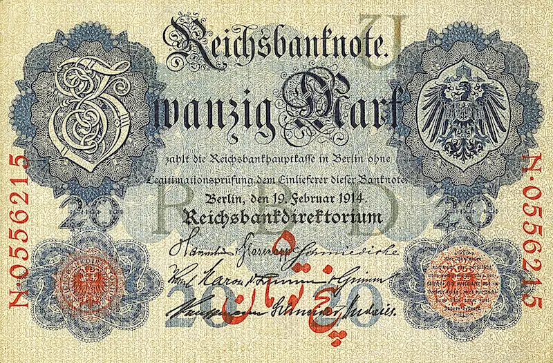 Iran banknote, German Occupation, 5 Tomans on 20 Mark, 1916, Pick P-M3, UNC