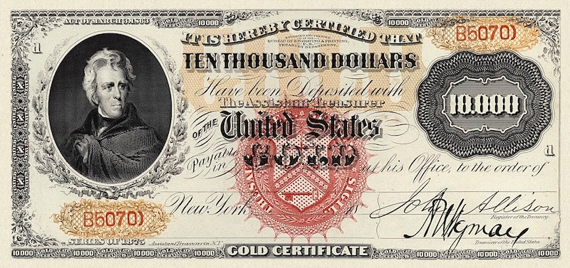 United States Treasury Gold Certificates banknote, $10000 Dollars, 1870 - 1875, Pick P-NL, UNC