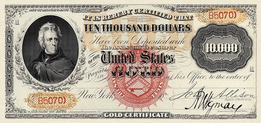 United States Treasury Gold Certificates banknote, $10000 Dollars, 1870 - 1875, Pick P-NL, UNC