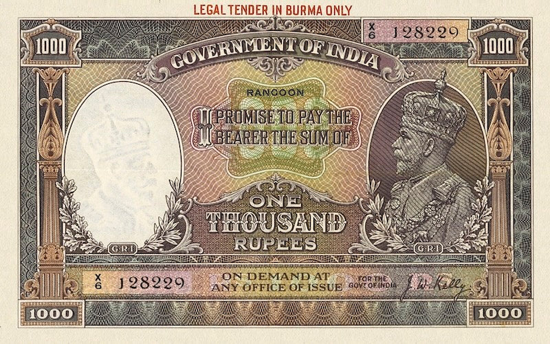 British Burma banknotes, KGV, 1000 Rupees, 1937, Pick P-NL, UNC