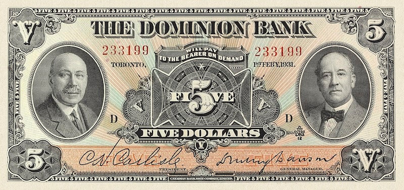 Canada banknotes, The Dominion Bank, $5 Dollars, 1931, Pick P-S1028, UNC
