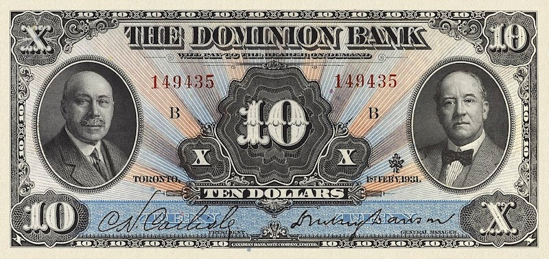 Canada banknotes, The Dominion Bank, $10 Dollars, 1931, Pick P-S1029, UNC