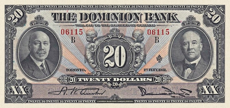 Canada banknotes, The Dominion Bank, $20 Dollars, 1931, Pick P-S1030, UNC