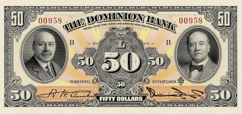 Canada banknotes, The Dominion Bank, $50 Dollars, 1931, Pick P-S1031, UNC